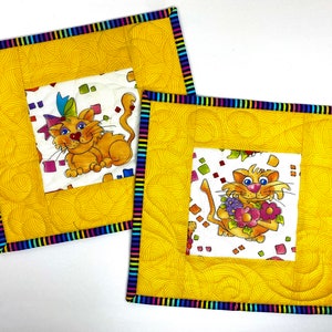 Cat Lovers Mug Rug Set of 2  Happy Quilted Kitty Themed Handmade Mini Quilts. Bright Yellow 10 inches by 9.5 inches