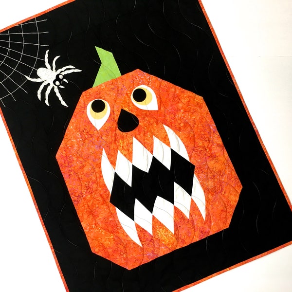 Halloween Wall Quilt, Pumpkin Wall Hanging, Quilted Kids Blanket, Autumn Art Quilt, Fall Door Decor, Franken-Pumpkin Original, Orange Black