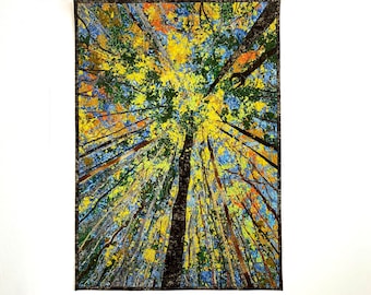 Looking Up Art Quilt, Confetti Quilted Art, Spring or Autumn Trees, Woodland Decor, Office Wall Hanging, Original Fiber Art, by Sally Manke