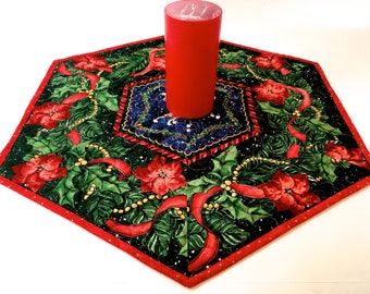 Quilted Holiday Table Topper, Christmas Decor, Poinsettia Design,Table Mat, Handmade Quilt, Xmas Table Runner, Candle Mat, Red Blue Green