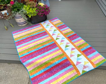 Modern Patchwork Lap Quilt, Spring Colors, Chic Bright Jelly Roll Quilt, Dorm Quilt, Quilts for Sale, FREE SHIP To USA, Sally MankeFiber Art