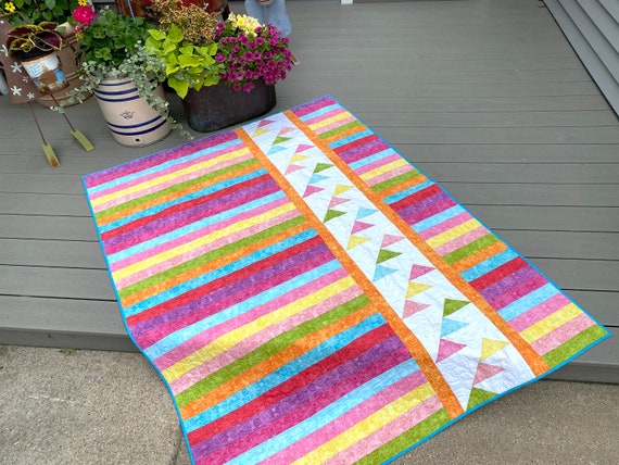 Modern Patchwork Lap Quilt, Spring Colors, Chic Bright Jelly Roll Quilt, Dorm Quilt, Quilts for Sale, FREE SHIP To USA, Sally MankeFiber Art