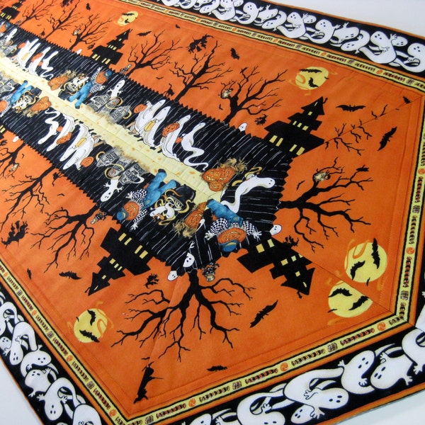 Quilted Halloween Table Runner Orange Black Extra Long