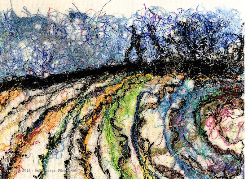 Winter Field Art Quilt, Fiber Art Wall Hanging, Blue Wall Decor, Sally Manke, Fiber Artist, vanGogh Style, Impressionistic Art, Original Art image 8