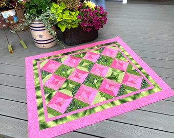 Lap Quilt, Modern Pink & Green, Wall Hanging, Blanket Throw, Dorm Quilt, FREE SHIP To USA, Quilts for Sale, Quilted Fiber Art,  Patchwork