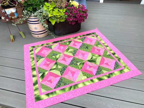Lap Quilt, Modern Pink & Green, Wall Hanging, Blanket Throw, Dorm Quilt, FREE SHIP To USA, Quilts for Sale, Quilted Fiber Art,  Patchwork