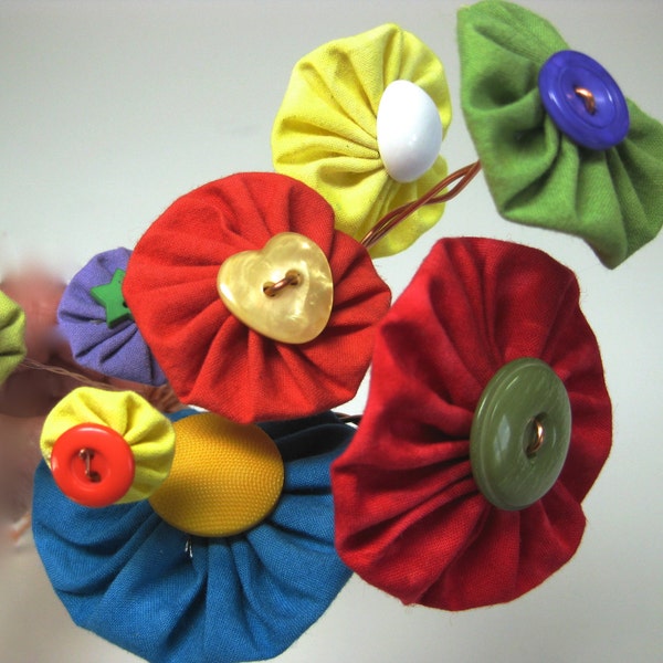 Fabric Yo-Yo and Button Flower  Hand Dyed Fabric