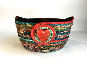 Large Coiled Rope Basket - Holiday Clothesline Bowl - Red Green Organizer - Quilted Fiber Art - Christmas Decor - Handmade Fabric Bowl Quilt