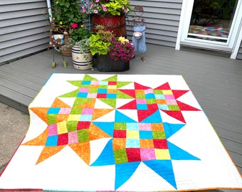 Modern Bright Quilted Lap Throw, Bed Quilt, Interlocked Star Art, Scrappy Quilts, FREE SHIP USA, Quilts for Sale, Patchwork Dorm Quilt