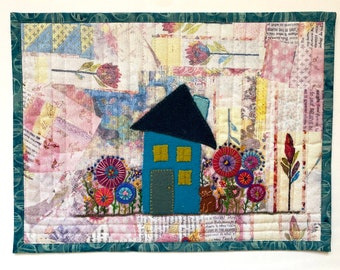 Crooked Little House Art Quilt with Hand Stitched Wool Appliqué and Embroidery , 9.5 X 12.5 Inch Wall Hanging, Whimsical Fiber Decor