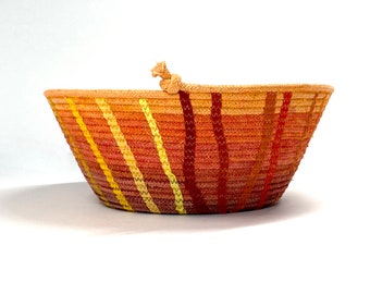 Hand-Dyed Coiled Rope Bowl, Ombre Basket Clothesline, Appliquéd Office Catch-All or Organizer, Quilted Functional Fiber Art