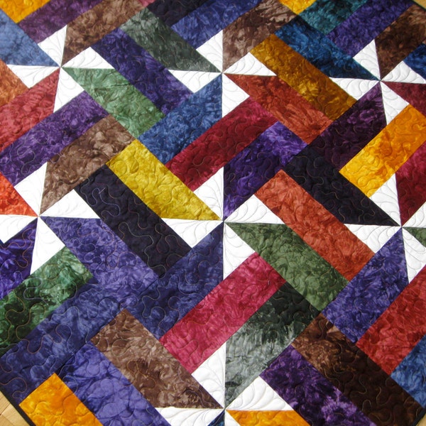 Jewel Tone Patchwork Wall Hanging Lap Quilt Hand Dyed