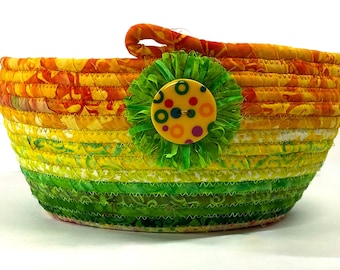 Coiled Rope Yellow Green Orange Basket, Bright Sherbet Clothesline Organizer, Handmade Quilted, Fiber Art Decor, Functional Decor