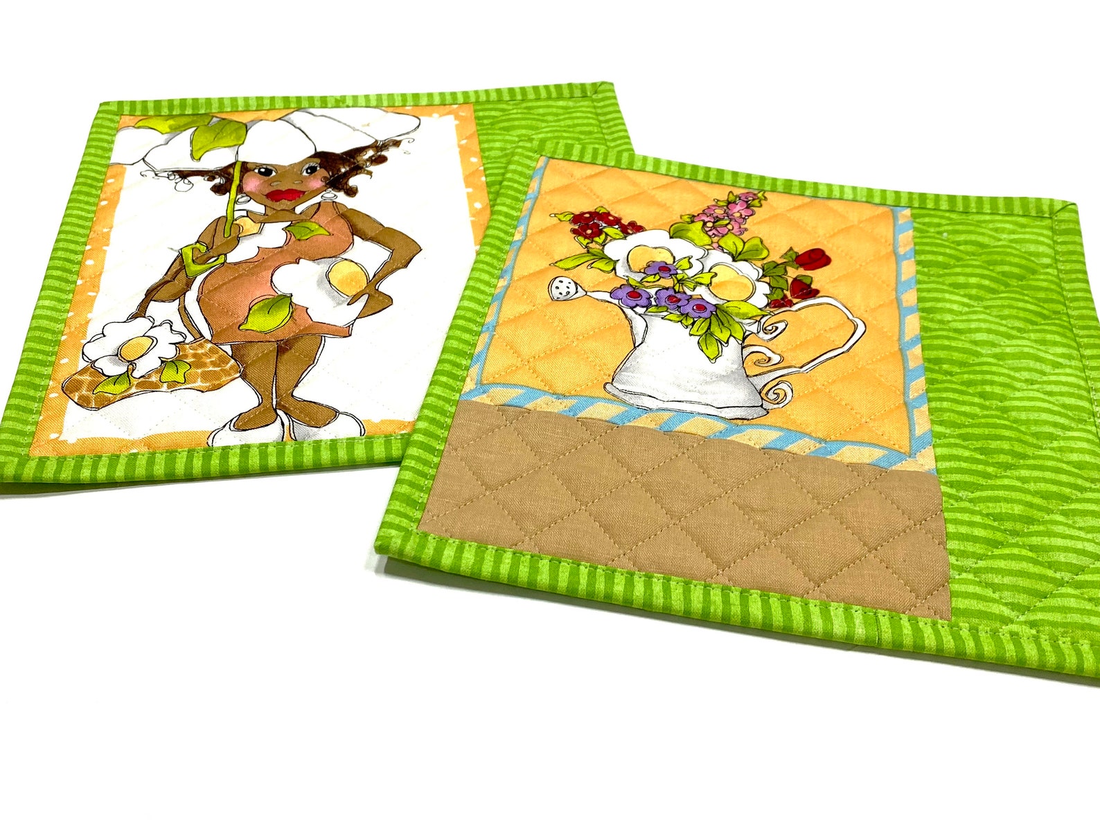 Quilted Mug Rugs 8 X 7.5 Inches Set of 2 Bright Green Floral Etsy