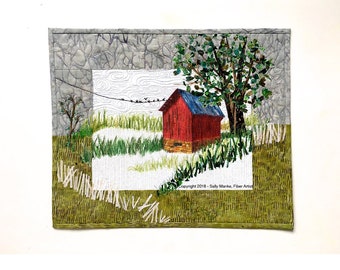 Country Farm Art Quilt, Fiber Wall Hanging, Country Decor, Quilted Wall Art, Mixed Medium, Sally Manke Fiber Art, Inktense Applique Couching