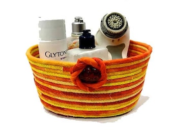 Coiled Rope Bowl, Bathroom Catch All Basket, Clothesline Organizer, Bright Orange Yellow, Handmade Quilted Fiber Art, Functional Home Decor