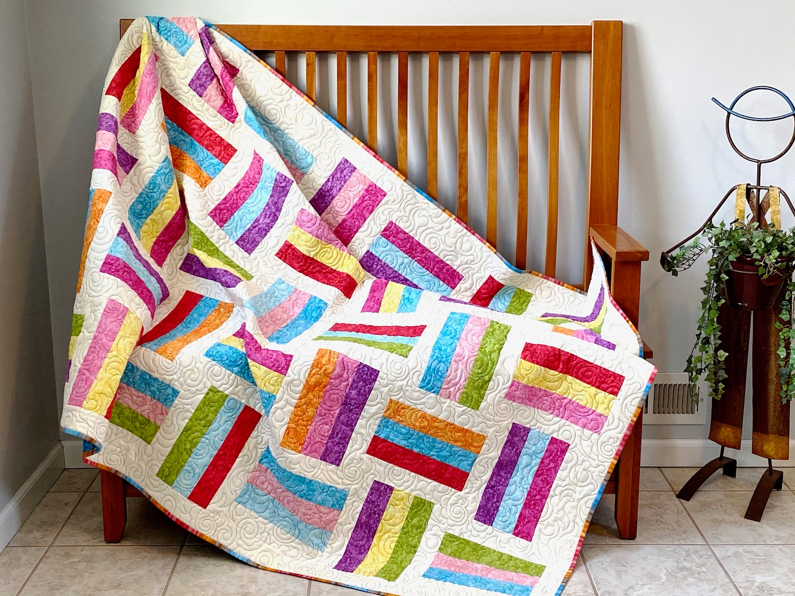 Modern Rail Fence Quilt, Jelly Bean Colors, Patchwork Lap Size, Quilted ...