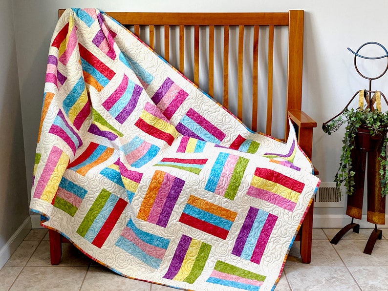 Modern Rail Fence Quilt, Jelly Bean Colors, Patchwork Lap Size, Quilted ...