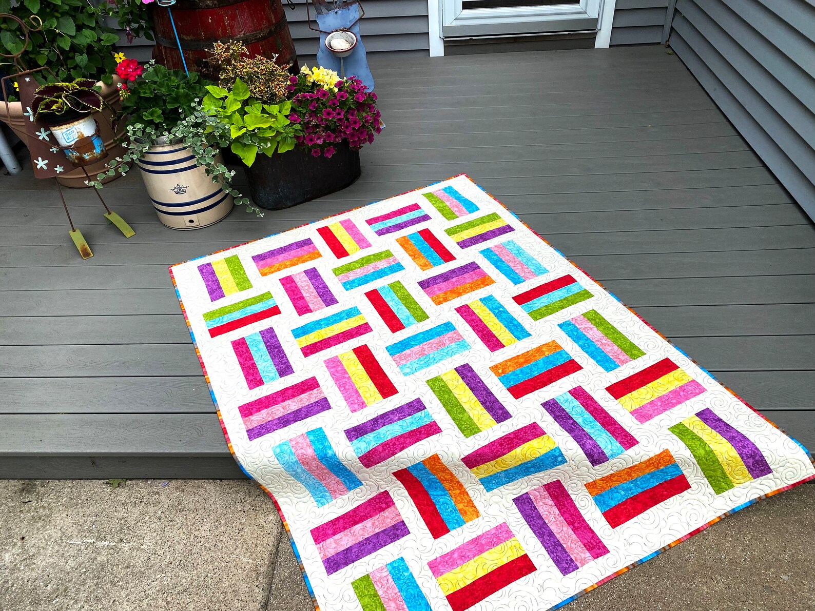 Modern Rail Fence Quilt, Jelly Bean Colors, Patchwork Lap Size, Quilted ...