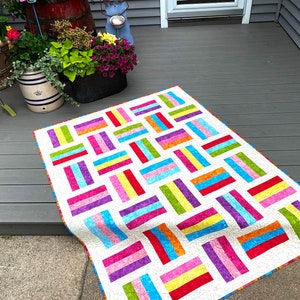 Modern Rail Fence Quilt, Jelly Bean Colors, Patchwork Lap Size, Quilted Throw, Blue Green Purple, 52 X 70 Inches, Sally Manke Fiber Art image 1