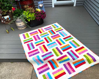 Modern Rail Fence Quilt, Jelly Bean Colors, Patchwork Lap Size, Quilted Throw, Blue Green Purple, 52 X 70 Inches, Sally Manke Fiber Art