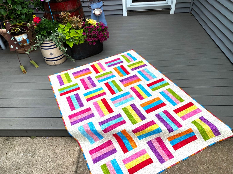 Modern Rail Fence Quilt, Jelly Bean Colors, Patchwork Lap Size, Quilted Throw, Blue Green Purple, 52 X 70 Inches, Sally Manke Fiber Art image 1