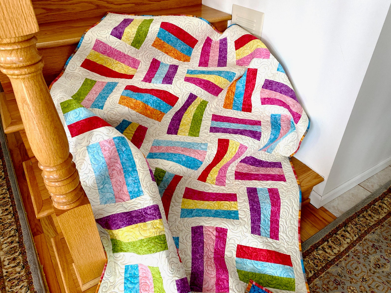 Modern Rail Fence Quilt, Jelly Bean Colors, Patchwork Lap Size, Quilted ...