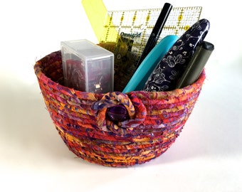 Coiled Rope Basket Clothesline - Red Gold Multi Rayon Batik - Upcycled Planter - Fiber Art Organizer by Sally Manke - Autumn Sewing Bowl