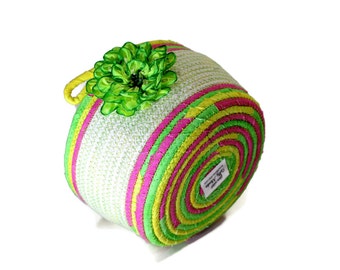 Coiled Rope Basket - Bright Yellow Pink Green - Silk Ribbon Flower Organizer