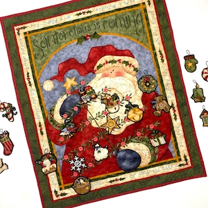 Exquisitely quilted vintage advent calendar featuring Santa Claus holding a Christmas Tree. Twenty-four buttons have been securely stitched to hang the cotton and felt ornaments day each day leading up to Christmas. Nancy Halverson holiday panel.