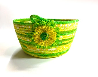Coiled Rope Basket, Sunshine Yellow Green, Clothesline Organizer, Handmade Quilted, Fiber Art Decor, Functional Decor, Batik Fabric Bowl