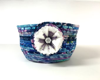 Large Hand Coiled Rope Basket Clothesline Bowl Fiber Art Organizer Batik Fabric Back Door Catch All Sally Manke Designer
