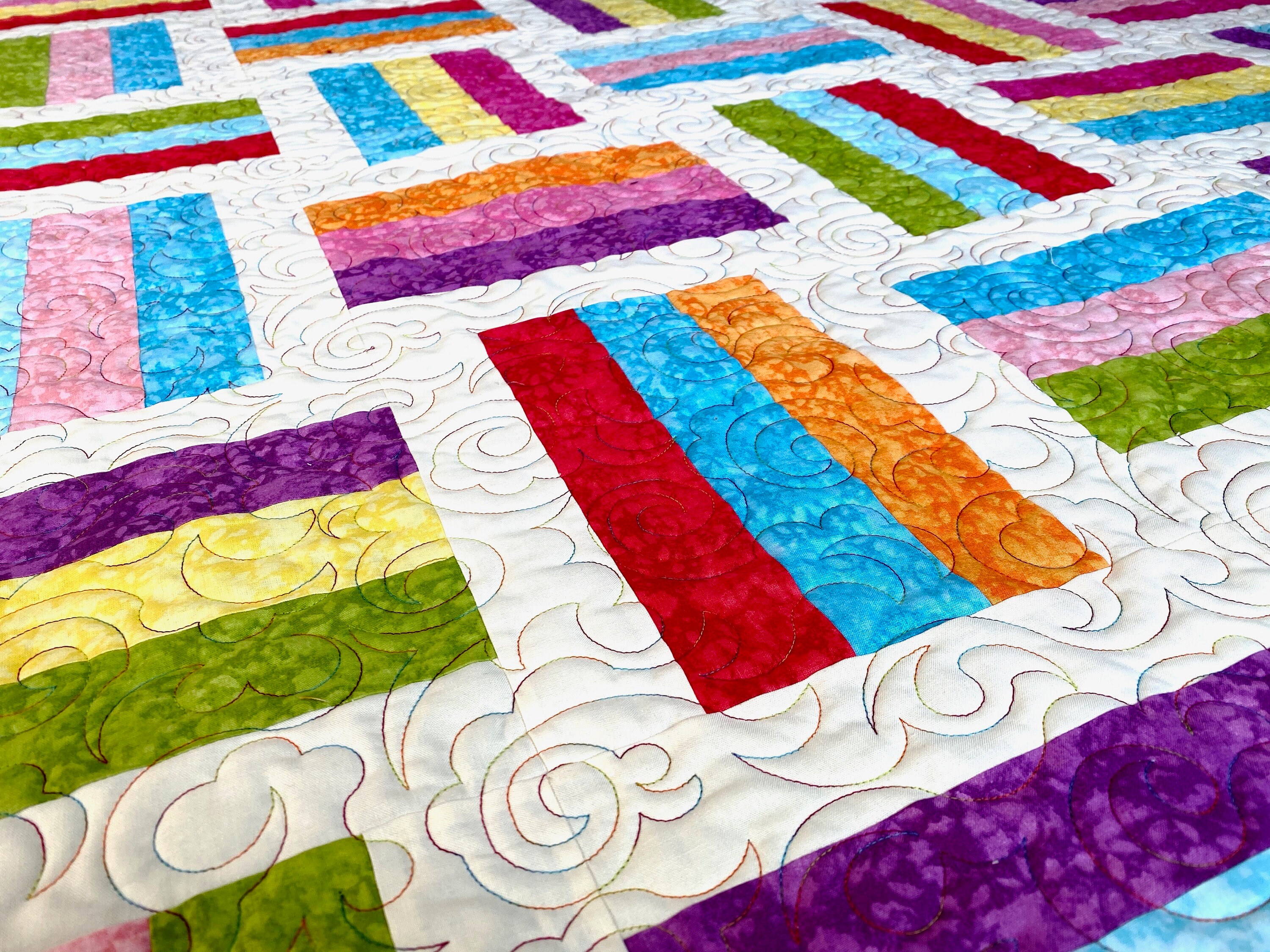 Modern Rail Fence Quilt, Jelly Bean Colors, Patchwork Lap Size, Quilted ...