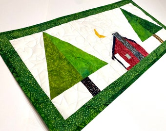 Quilted Table Topper, Little House in the Big Woods Inspired, Quilted 12.5" X 26.5" Home Decor, Green Pine Trees, Red Cabin