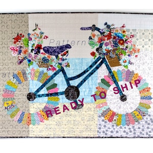 Whimsical bicycle art quilt pattern featuring Dresden Block. Stitch one for yourself or a fat tire bike loving friend, cyclers or flower lovers. A fresh modern design using a vintage quilt block. Wall Art. Original design by sally manke fiber artist.