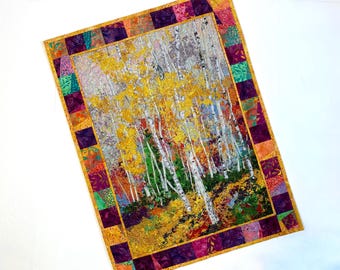 Confetti Quilt Landscape, Quilted Wall Hanging, 20 X 27 Fiber Art, White Birch, Autumn Fall Woodland Decor, Sally Manke, Quilts for Sale