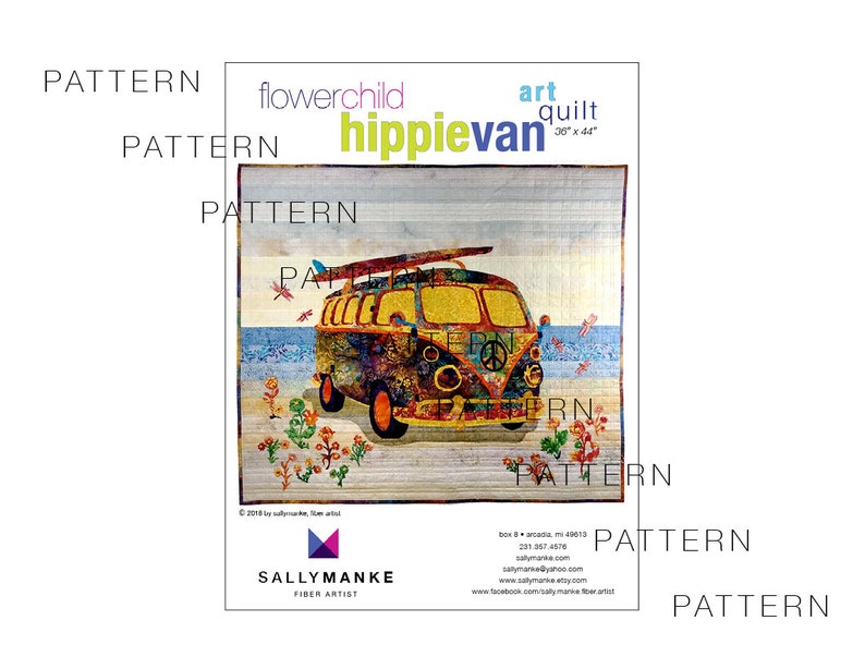 Flower Child Hippie Van, Art Quilt Pattern, Original Design Wall Art, 60s Lovers Gift, Applique, Full Sized Pattern, Sally Manke, 36 X 44 image 2