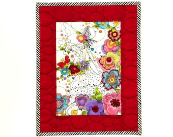 Flower Art Quilt with Bonnet Woman Red Border 12"X15" Black and White Binding