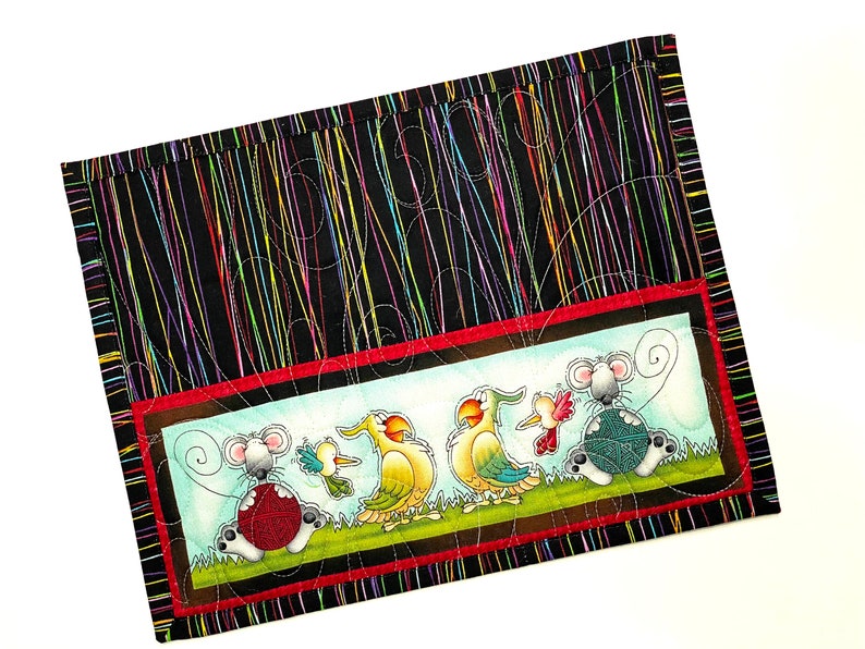 Quilted Mug Rugs, Set of 2 Mini Quilt Placemats for Critter Lovers, Farm Animal Cute Fiber Art, Puppy Mouse Pad, image 2
