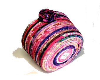 Large Handmade Basket Hand Coiled Rope Batik Clothesline Bowl Pink Purple Organizer Fiber Art Decor Upcycled Planter Quilted Batik