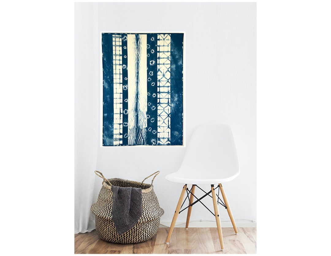 Hand Dyed Blue and White Art Quilt, Geometric Quilted Wall Hanging in ...