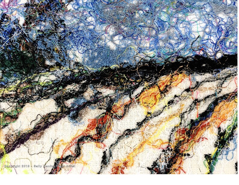 Winter Field Art Quilt, Fiber Art Wall Hanging, Blue Wall Decor, Sally Manke, Fiber Artist, vanGogh Style, Impressionistic Art, Original Art image 5