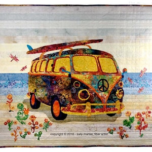 Flower Child Hippie Van, Art Quilt Pattern, Original Design Wall Art, 60s Lovers Gift, Applique, Full Sized Pattern, Sally Manke, 36 X 44 image 3