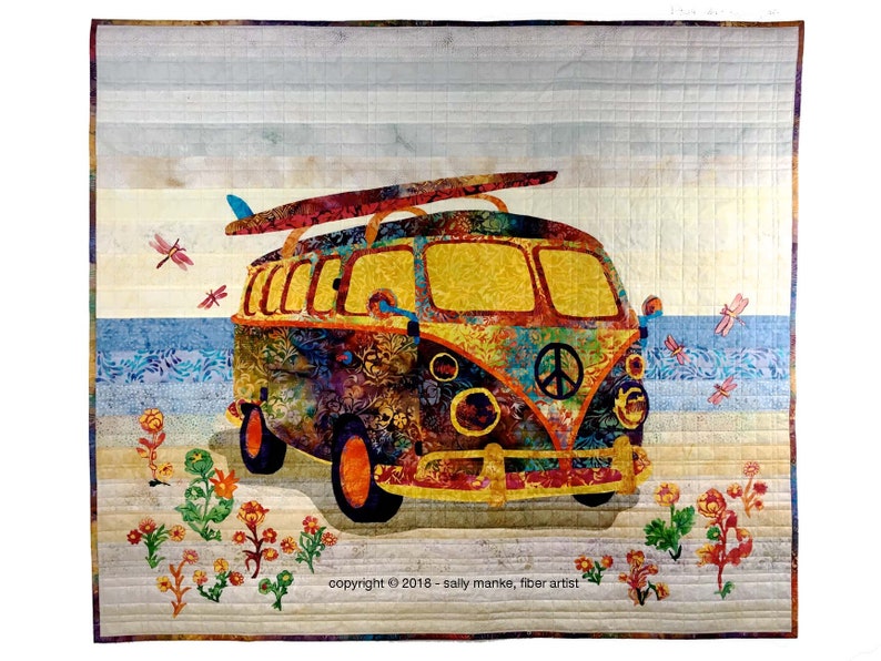 Flower Child Hippie Van, Art Quilt Pattern, Original Design Wall Art, 60s Lovers Gift, Applique, Full Sized Pattern, Sally Manke, 36 X 44 image 3