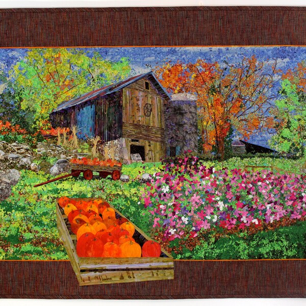 Harvest Time Art Quilt, Original Design, Autumn Farm Scene, Floral Fiber Art Painting, Quilted Michigan Barn, M 22, Office Decor, SallyManke