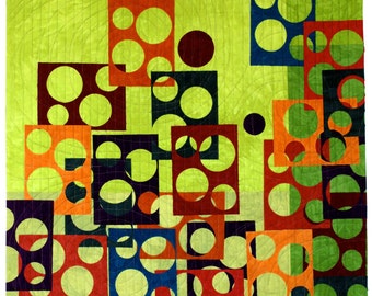Modern Art Quilt , Window Spots , Quilted Wall Hanging , Vibrant Green , Upbeat Office Decor , Fiber Art , Geometric Art , Sally Manke Fiber