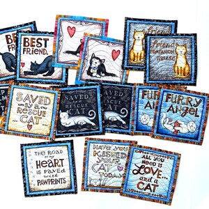 Saved by a Rescue Cat Mug Rugs, Quilted Kitty Themed Handmade Mini Quilts, Dark Gray and Blue Cat Lovers Set of 2 image 10