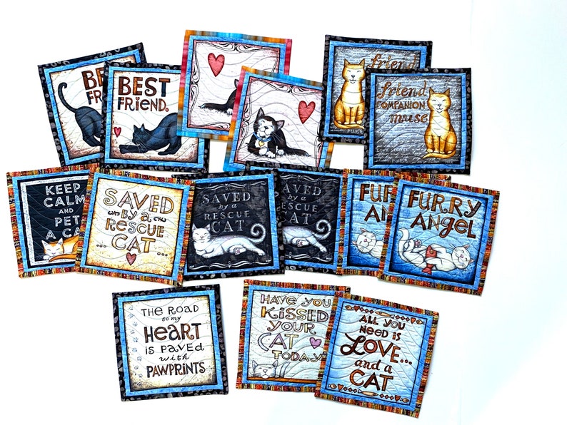 Saved by a Rescue Cat Mug Rugs, Quilted Kitty Themed Handmade Mini Quilts, Dark Gray and Blue Cat Lovers Set of 2 image 10