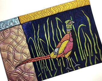 Ring-Necked Pheasant Art Quilt, 10 X 15 inches, Quilted Painted Mixed Medium, Textile Wall Hanging, Nature Lovers Gift
