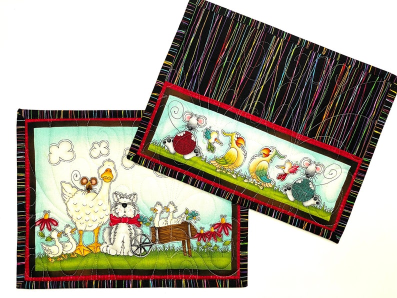 Set of two quilted mini placements or large mug rugs with sweet animal designs that include dog, goose, mice birds and flowers. Printed panels are accented with multi-colored pinstriped fabric on black background. Each mat measure 10-1/2 X 8-1/2
